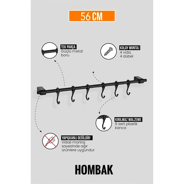 Siyah Metal Mutfak ve Banyo Askısı 6 Kancalı Askı Demiri