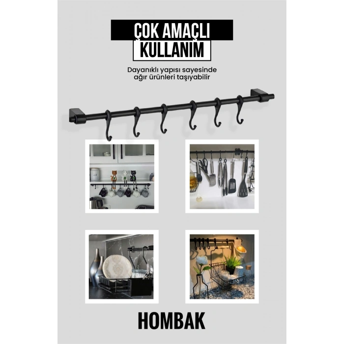 Siyah Metal Mutfak ve Banyo Askısı 6 Kancalı Askı Demiri