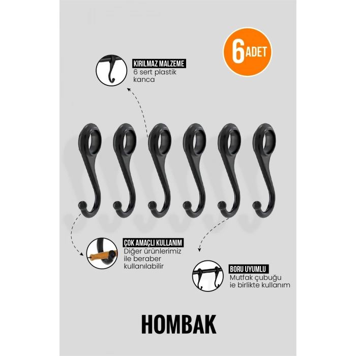 Siyah Metal Mutfak ve Banyo Askısı 6 Kancalı Askı Demiri