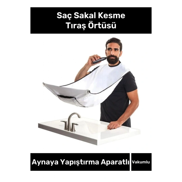 Pratik Vakumlu Aynaya Yapıştırma Aparatlı Evde Saç Sakal Kesme Beyaz Tıraş Örtüsü