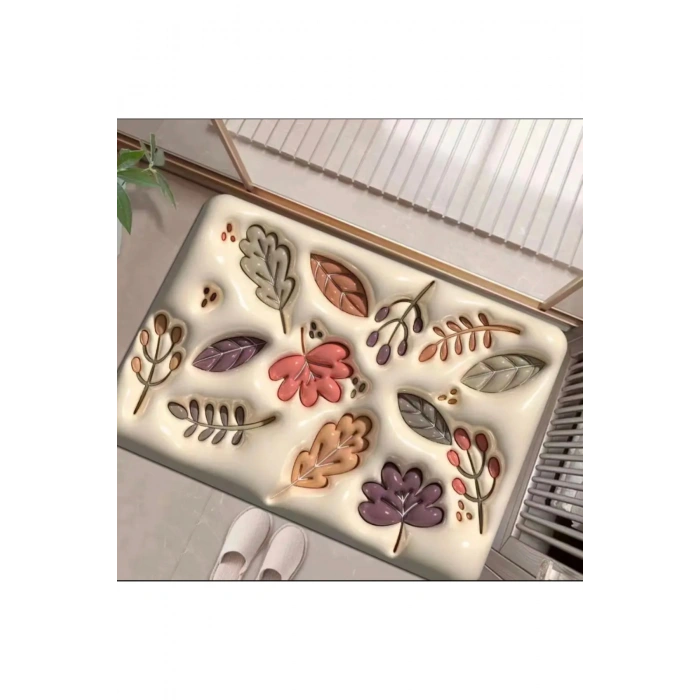 Yaprak Desenli Sihirli Su Emici Banyo Paspası Kaymaz Tabanlı Abdest Paspası 3,5 Mm 40x60