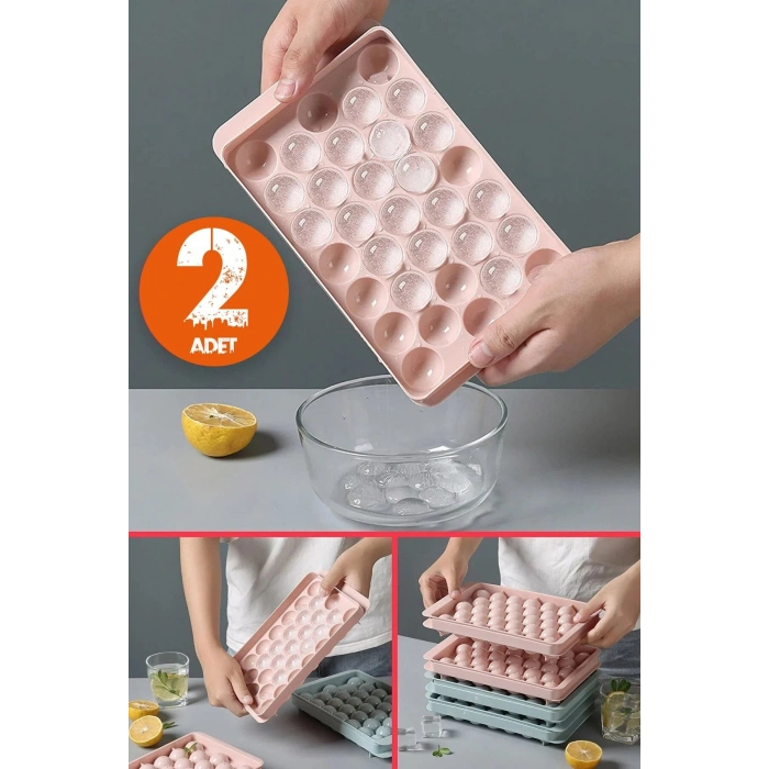 2li Set Küre Buz Kalıbı Kapaklı 33 Hazneli Yuvarlak Buz Kalıbı Kokteyl Sunum Buz Kalıbı (20x12 Cm)