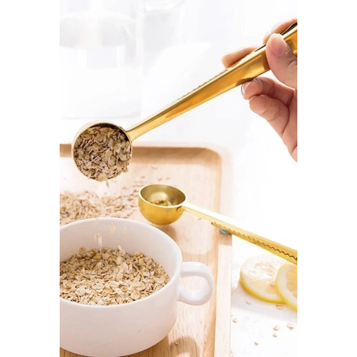 1 Adet Mandallı Kahve Ölçü Kaşığı Gold Çok Fonksiyonlu Paslanmaz Çelik Kaşık
