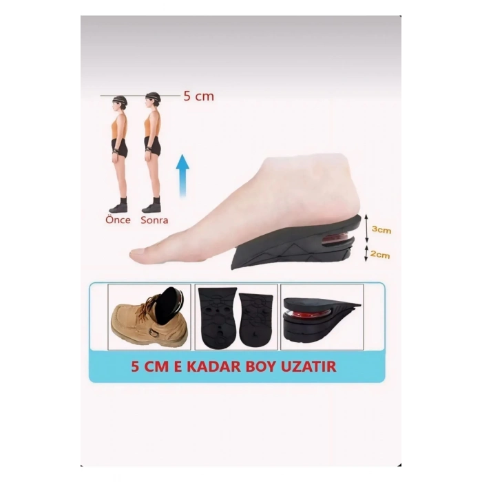 5 Cm Boy Uzatıcı Tabanlık 1 Çift Hava Yastıklı Uzatan 35-44 No Ayakkabı Tabanlığı Gizli Topuk