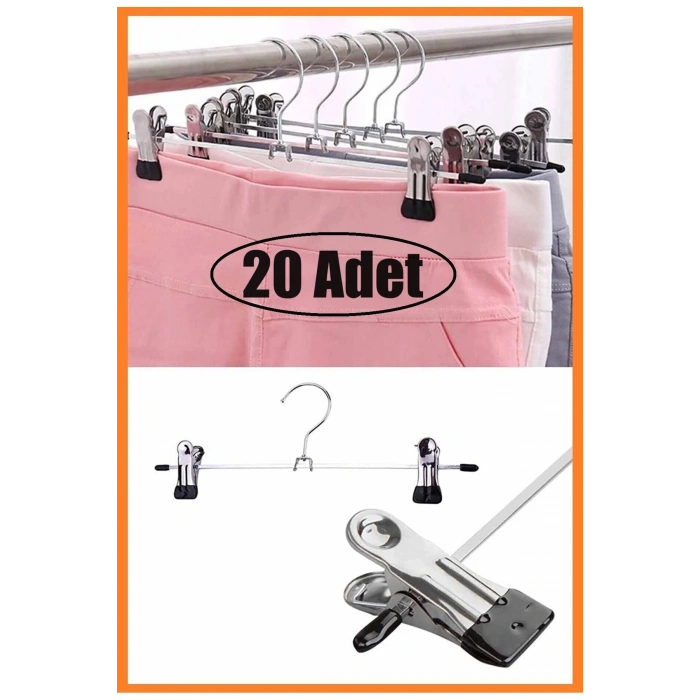 20 Adet Mandallı Metal Pantolon & Etek Askısı Gümüş Renk