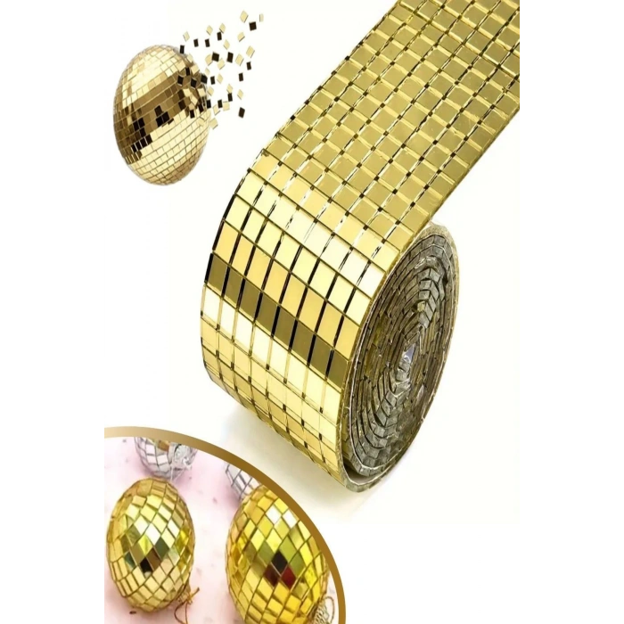 Gold Renk Aynalı Mozaik Taşlı Kare Dekor Süsleme Bandı 3D Aynalı Sticker Bant (1Mt X 4Cm)