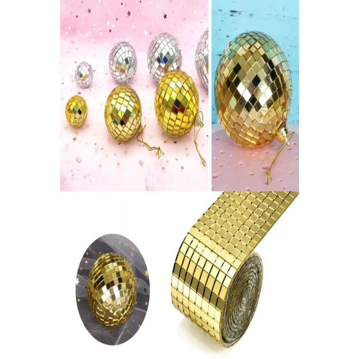 Gold Renk Aynalı Mozaik Taşlı Kare Dekor Süsleme Bandı 3D Aynalı Sticker Bant (1Mt X 4Cm)