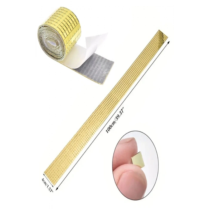 Gold Renk Aynalı Mozaik Taşlı Kare Dekor Süsleme Bandı 3D Aynalı Sticker Bant (1Mt X 4Cm)