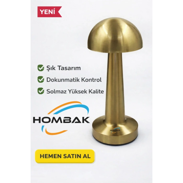 Mantar Masa Lambası Gold Renk Kablosuz Ledli 3renk Dokunmatik Şarjlı