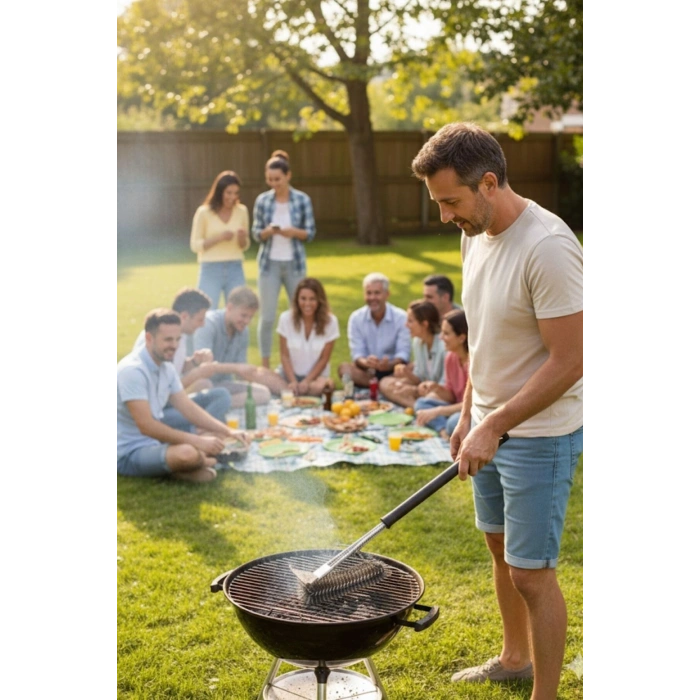 Mangal Izgara Temizleme Fırçası – Paslanmaz Çelik Telli, Uzun Saplı Grill Temizlik Aparatı M
