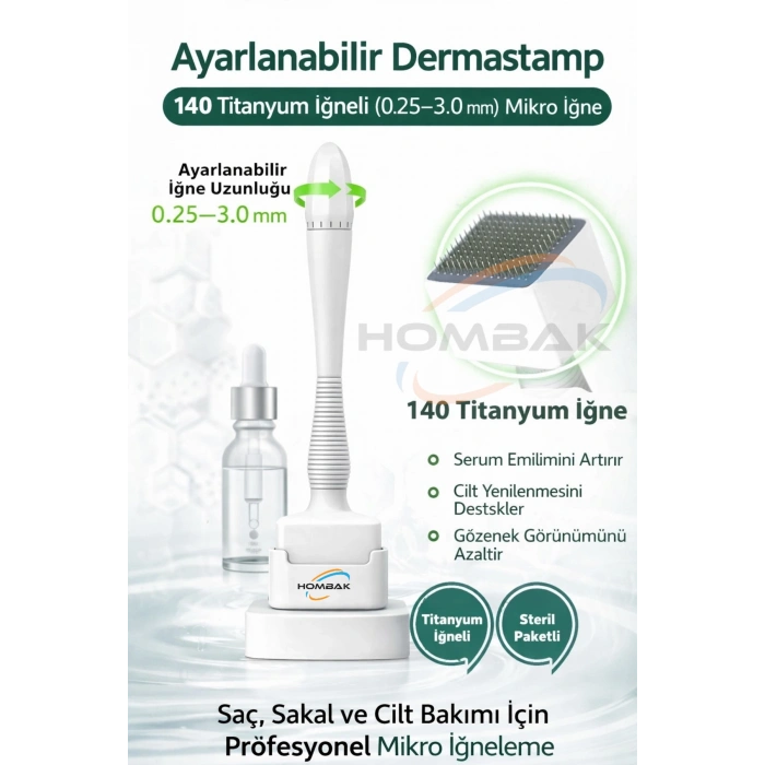 Ayarlanabilir Dermastamp 140 Titanyum İğneli (0.25–3.0 mm) Mikro İğne