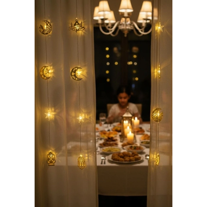 10 Adet Sarkıtlı Ramazan Temalı LED Işık – Pilli 2 Metre İslami Dekoratif Ramazan Süsü
