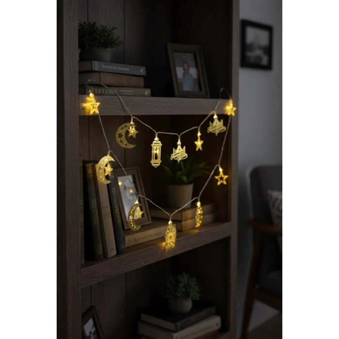 10 Adet Sarkıtlı Ramazan Temalı LED Işık – Pilli 2 Metre İslami Dekoratif Ramazan Süsü