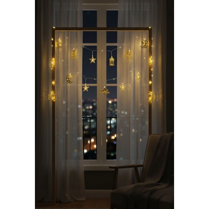 10 Adet Sarkıtlı Ramazan Temalı LED Işık – Pilli 2 Metre İslami Dekoratif Ramazan Süsü