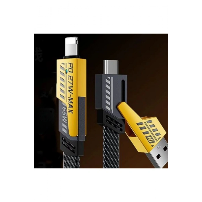 4in1 65W Hızlı Şarj Kablosu – Type-C to USB-A + Type-C to Lightning, 27W PD Destekli Çoklu Şarj Kab