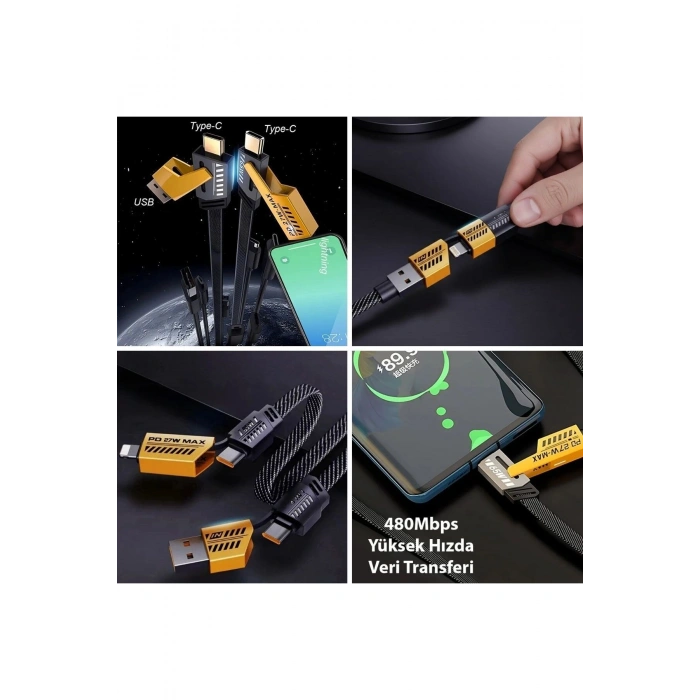 4in1 65W Hızlı Şarj Kablosu – Type-C to USB-A + Type-C to Lightning, 27W PD Destekli Çoklu Şarj Kab