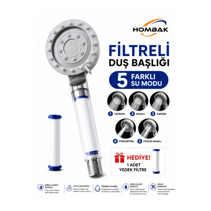 5 Fonksiyonlu Filtreli Duş Başlığı – Yüksek Basınçlı, Kireç Önleyici, Şeffaf Gövdeli + 1 Adet Yedek Filtre Hediyeli