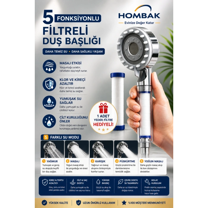 5 Fonksiyonlu Filtreli Duş Başlığı – Yüksek Basınçlı, Kireç Önleyici, Şeffaf Gövdeli + 1 Adet Yedek Filtre Hediyeli