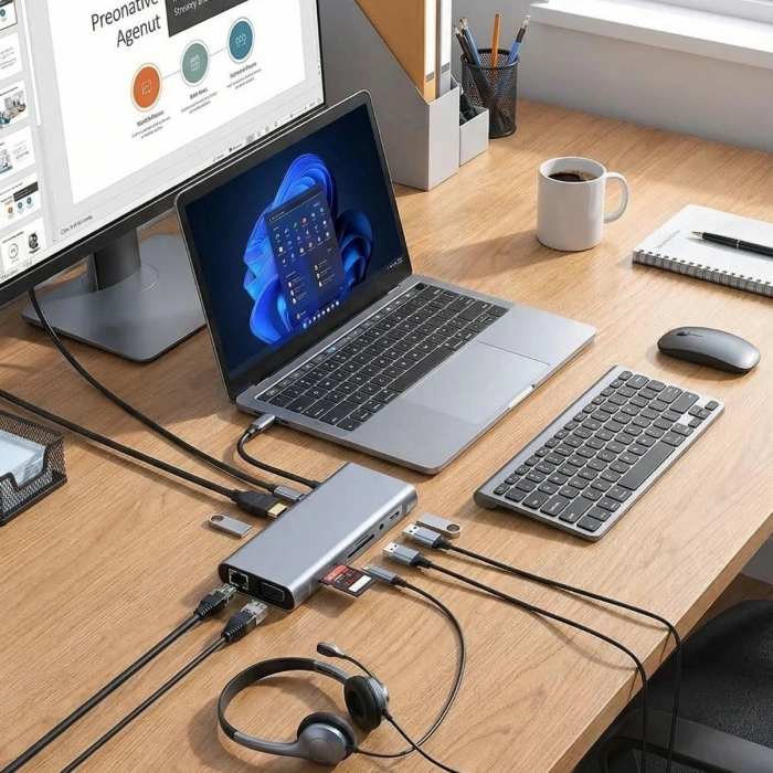 8in1 Type-C Çoklayıcı Hub HDMI 4K USB 3.0 SD TF Kart RJ45 Ethernet Dönüştürücü Adaptör