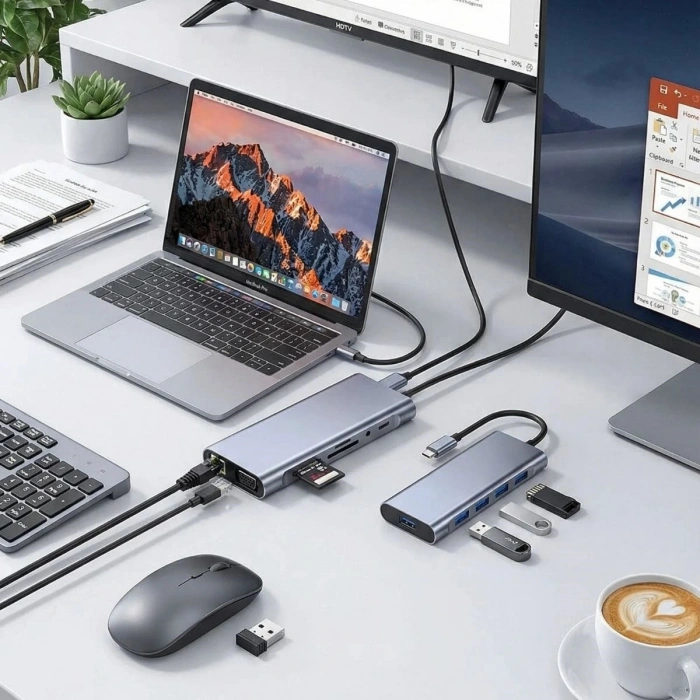 8in1 Type-C Çoklayıcı Hub HDMI 4K USB 3.0 SD TF Kart RJ45 Ethernet Dönüştürücü Adaptör