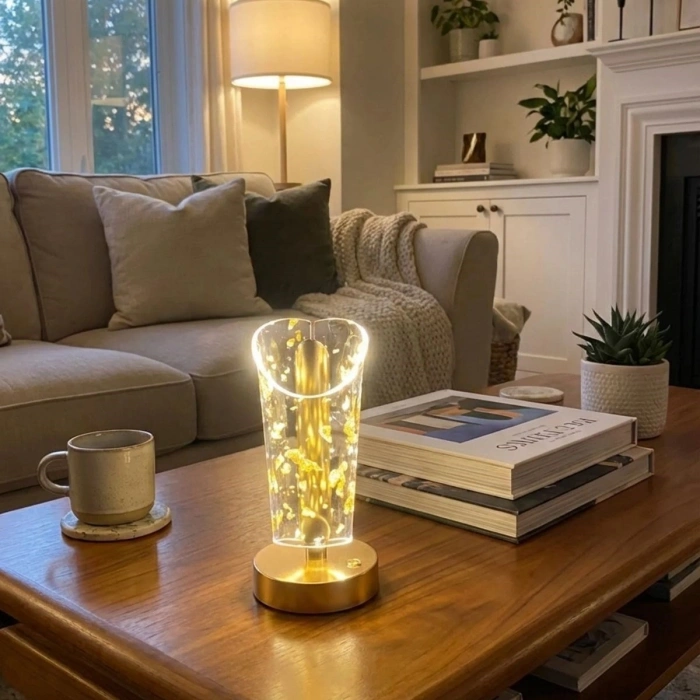 Açık Silindirik Kristal Altın Toz Model LED Masa Lambası – Gold Tabanlı, Dokunmatik, 3 Renk Işık Modlu, Şarjlı Modern Dekoratif Gece Lambası