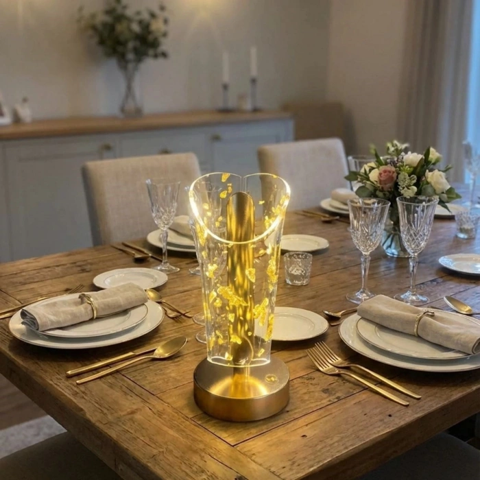 Açık Silindirik Kristal Altın Toz Model LED Masa Lambası – Gold Tabanlı, Dokunmatik, 3 Renk Işık Modlu, Şarjlı Modern Dekoratif Gece Lambası