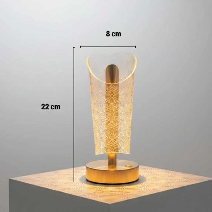 Açık Silindirik Kristal Damla Model LED Masa Lambası – Gold Tabanlı, Dokunmatik, 3 Renk Işık Modlu, Şarjlı Modern Dekoratif Gece Lambası