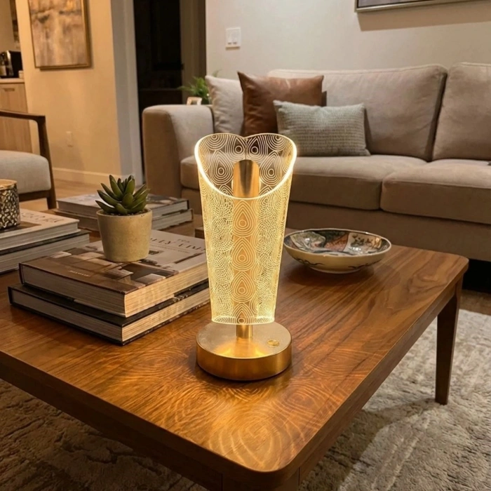 Açık Silindirik Kristal Damla Model LED Masa Lambası – Gold Tabanlı, Dokunmatik, 3 Renk Işık Modlu, Şarjlı Modern Dekoratif Gece Lambası