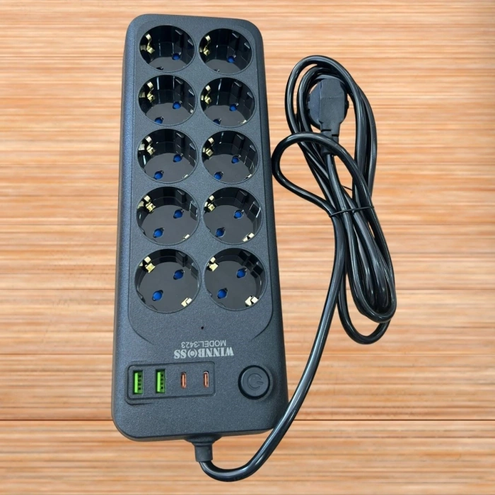 Akım Korumalı Termal Uzatma Kablosu – 10 Priz, 2 USB ve 2 Type-C Girişli, Güçlü Çoklu Priz