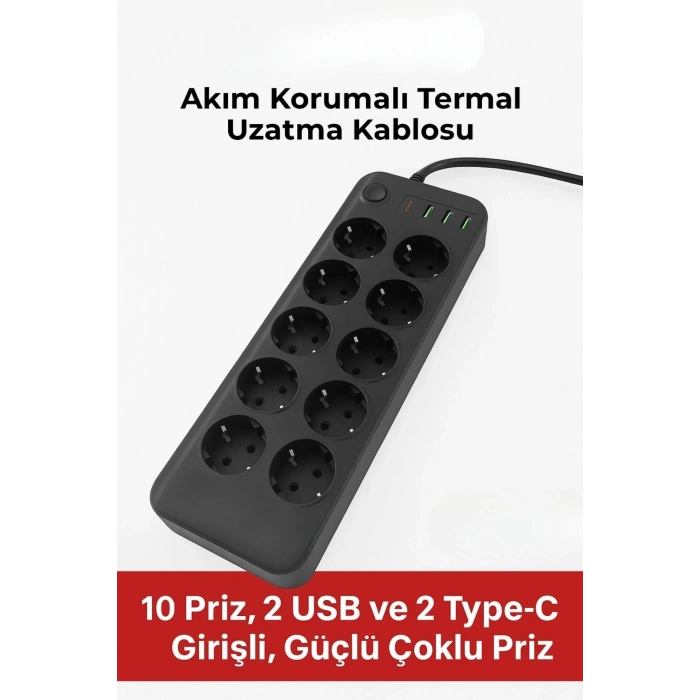 Akım Korumalı Termal Uzatma Kablosu – 10 Priz, 2 USB ve 2 Type-C Girişli, Güçlü Çoklu Priz