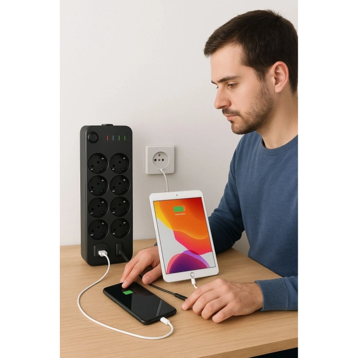 Akım Korumalı Termal Uzatma Kablosu – 10 Priz, 2 USB ve 2 Type-C Girişli, Güçlü Çoklu Priz