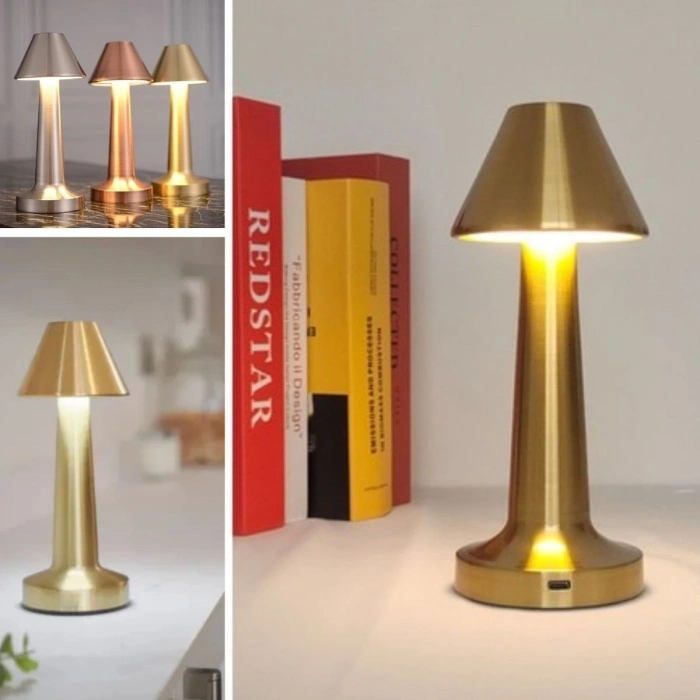 Çatı Model Gold Renk Şarjlı Dokunmatik 3 Renkli LED Masa Lambası