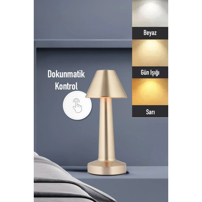 Çatı Model Gold Renk Şarjlı Dokunmatik 3 Renkli LED Masa Lambası