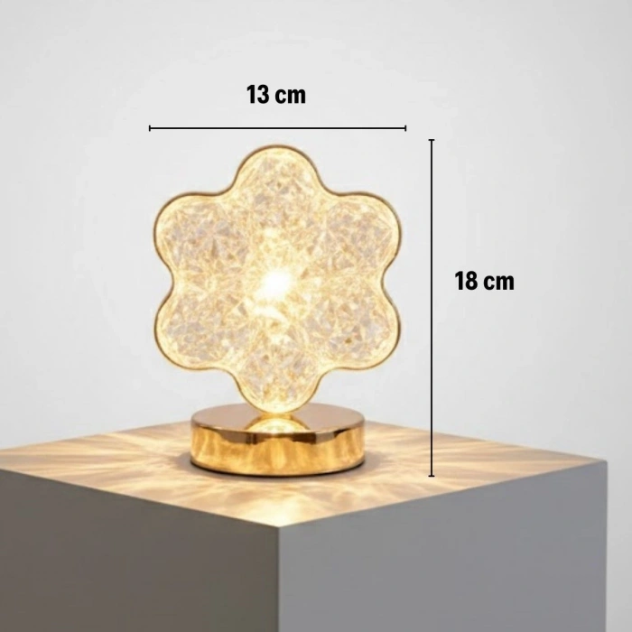 Çiçek Model Kristal LED Masa Lambası – Dokunmatik, 3 Renk Işık Modlu, Şarjlı Mini Dekoratif Gece Lambası