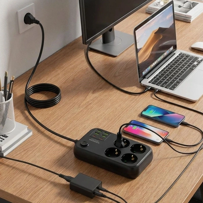 Çoklu Priz Uzatma Kablosu 4 Soket + 4 USB + 2 Type-C – Termal Akım Korumalı, Isıya Dayanıklı, Çocuk Korumalı Güvenli Priz 100-250V