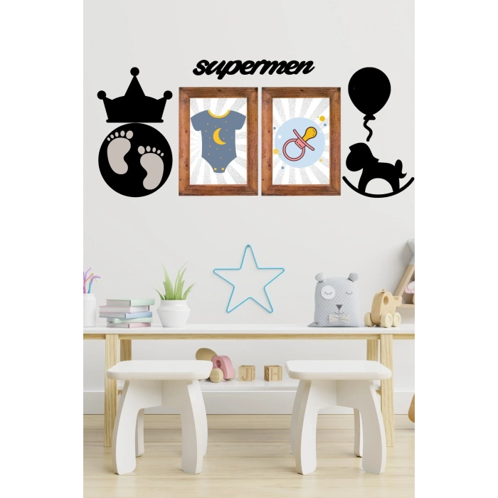 DECO103 Supermen Dekoratif Duvar Süsü Tablo Aksesuar Ahşap Tasarım Hediye Pano Sticker Seti