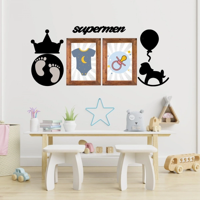 DECO103 Supermen Dekoratif Duvar Süsü Tablo Aksesuar Ahşap Tasarım Hediye Pano Sticker Seti