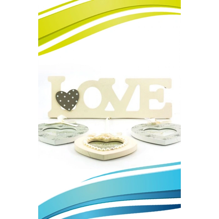 Decotown Love Yazılı Çerçeve 3lü Kalpli Ahşap Fotoğraf Çerçevesi