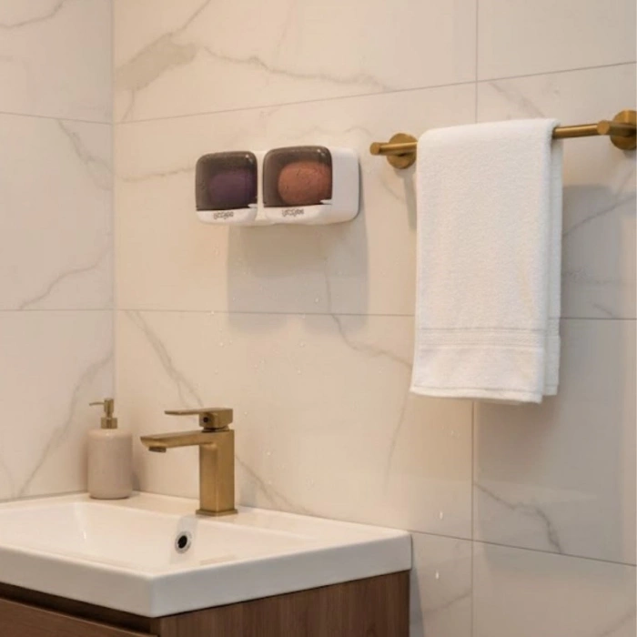 Duvara Monte İkili Kapaklı Plastik Katı Sabunluk Organizer – Banyo & Mutfak İçin Yapışkanlı Sabun Kutusu ve Düzenleyici