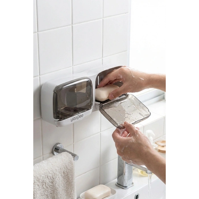 Duvara Monte İkili Kapaklı Plastik Katı Sabunluk Organizer – Banyo & Mutfak İçin Yapışkanlı Sabun Kutusu ve Düzenleyici