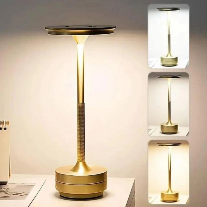 Eskitme Gold Kasa Dokunmatik Şarjlı Masa Lambası – 3 Renk Işık Modlu, LED Aydınlatmalı, Modern & Dekoratif Abajur