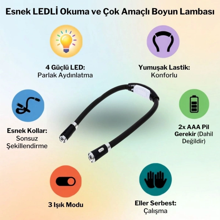 Esnek Boyun LED Okuma Lambası 4 LEDLİ 3 Işık Modlu Eller Serbest Kitap Okuma,Örgü ve Tamir Lambası