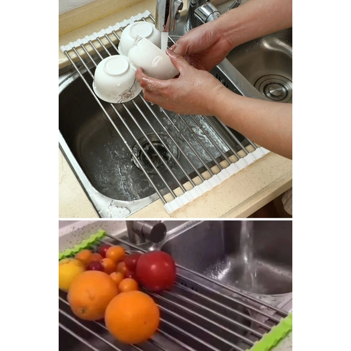 Evye Üstü Katlanır Nihale Paslanmaz Çelik Pratik Sebze Meyve Bulaşık Kurutma Süzgeci
