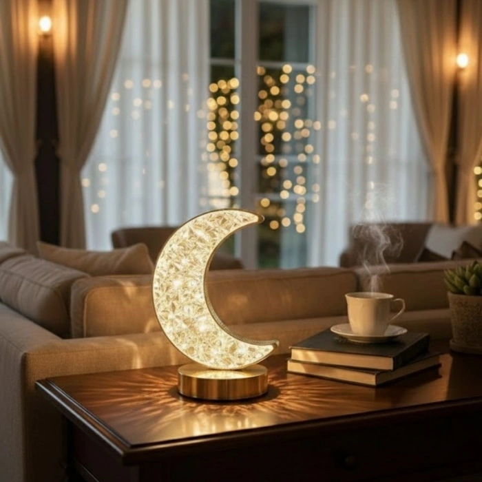 Hilal AY Model Kristal LED Masa Lambası – Dokunmatik, 3 Renk Işık Modlu, Şarjlı Mini Dekoratif Gece Lambası