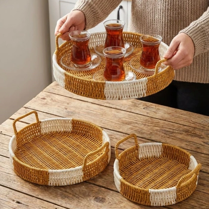 İç İçe Geçebilen 3’lü Yuvarlak Plastik Rattan Tepsi Seti–Çift Renkli Hasır Görünümlü Çok Amaçlı Servis ve Sunum Tepsileri