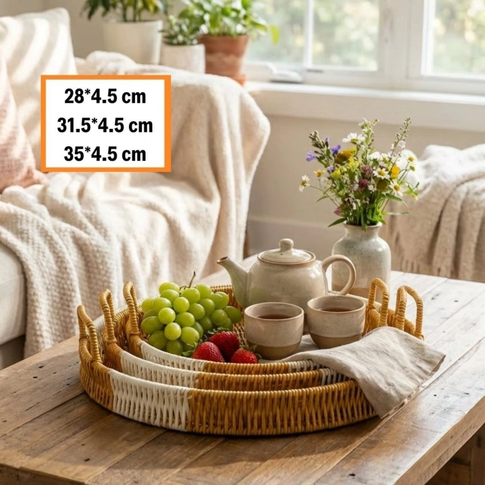 İç İçe Geçebilen 3’lü Yuvarlak Plastik Rattan Tepsi Seti–Çift Renkli Hasır Görünümlü Çok Amaçlı Servis ve Sunum Tepsileri