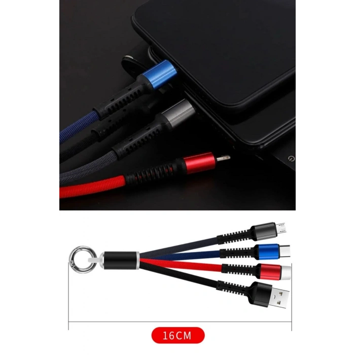Işıklı Anahtarlık Model 3 in 1 USB Çıkışlı MİKRO,TYPE-C ve İphone Uyumlu Şarj Kablosu
