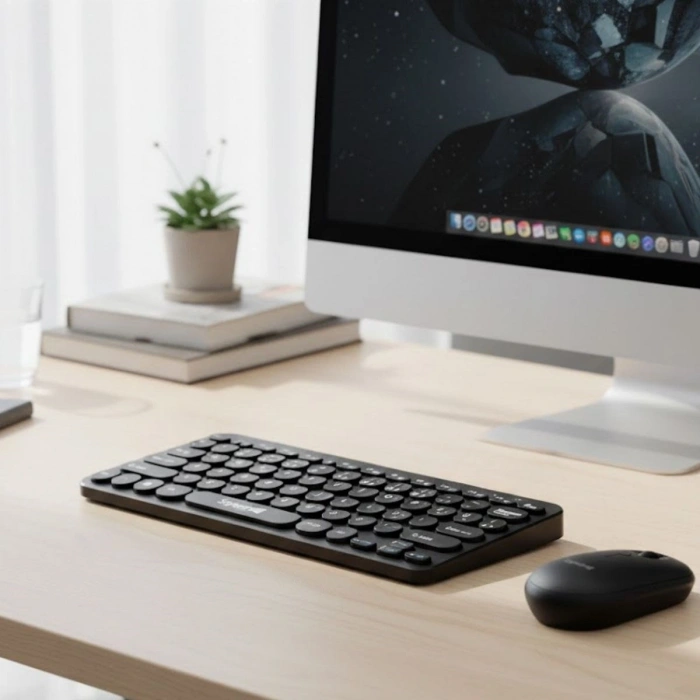 Kablosuz Lacivert Bluetooth Klavye Mouse Seti – Yuvarlak Tuşlu Tasarım, Türkçe Q Dizilim, Taşınabilir, Ev ve Ofis Kullanımına Uygun