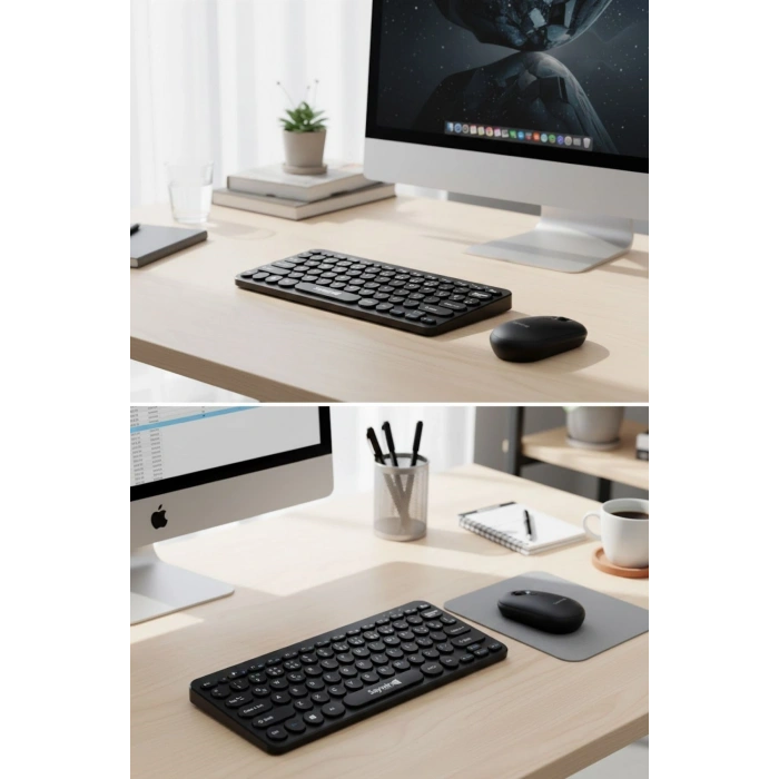 Kablosuz Lacivert Bluetooth Klavye Mouse Seti – Yuvarlak Tuşlu Tasarım, Türkçe Q Dizilim, Taşınabilir, Ev ve Ofis Kullanımına Uygun