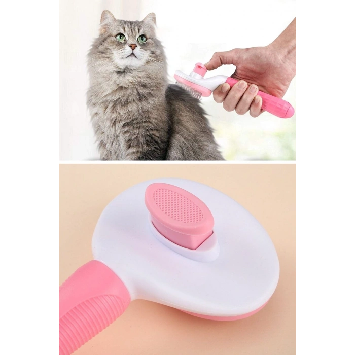 Kedi Köpek Tüy Toplayıcı Kendini Temizleyebilen Ergonomik Saplı Evcil Hayvan Tarağı Pembe